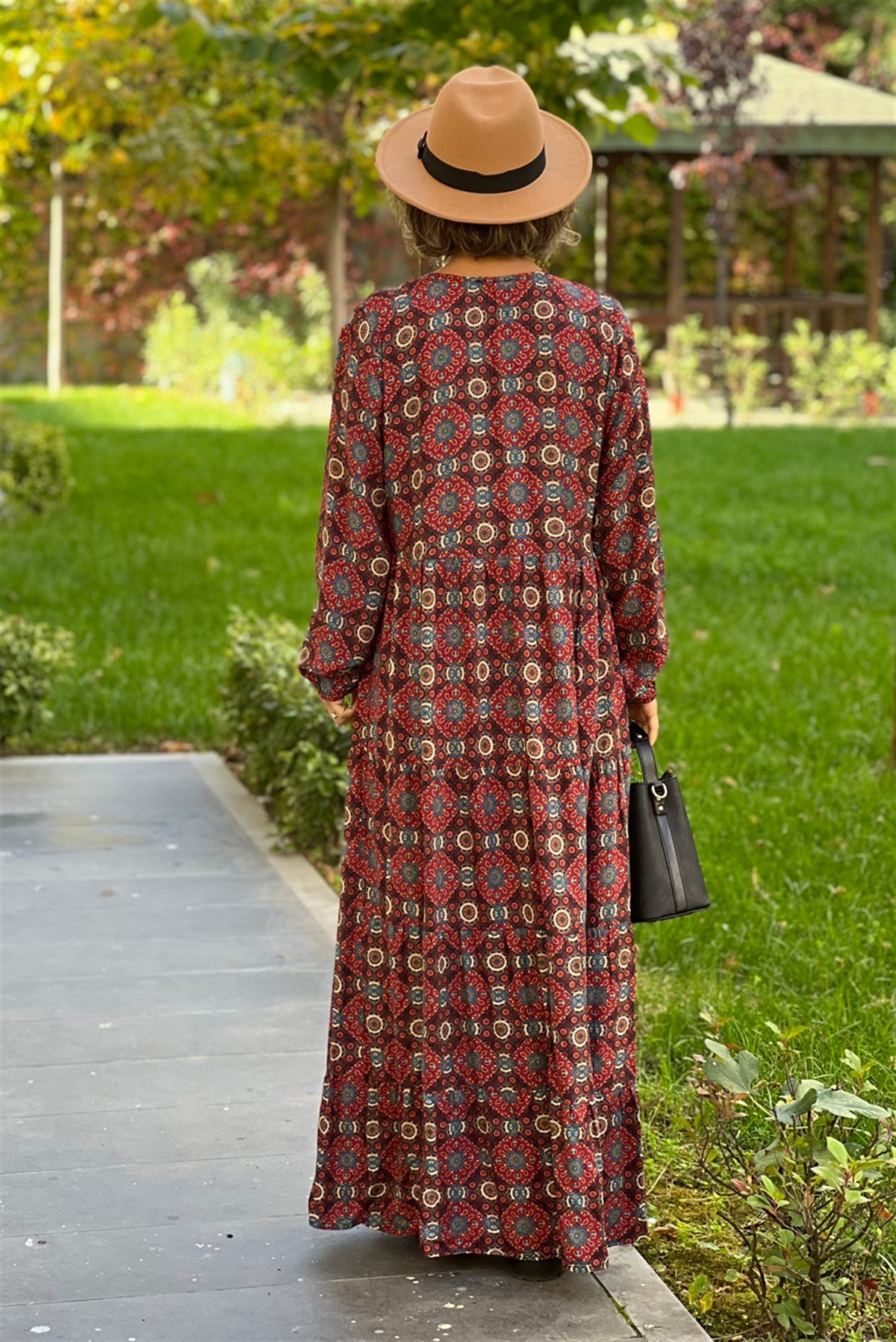 Bordo Çini Desenli Elbise