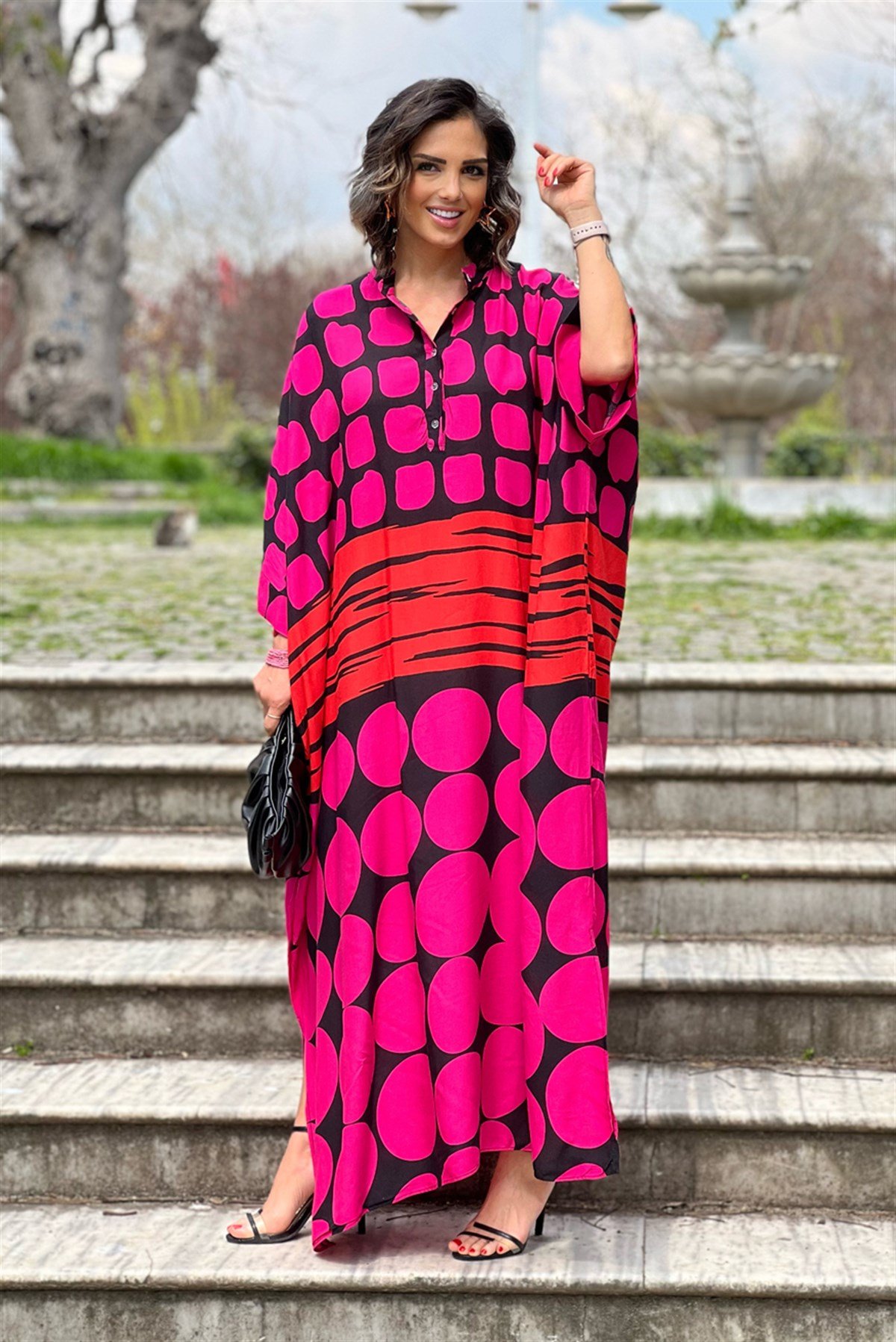 Fuşya Siyah Renk Milano Desenli Oversize Elbise