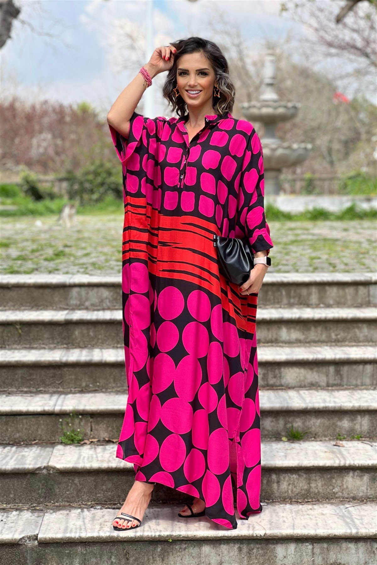 Fuşya Siyah Renk Milano Desenli Oversize Elbise