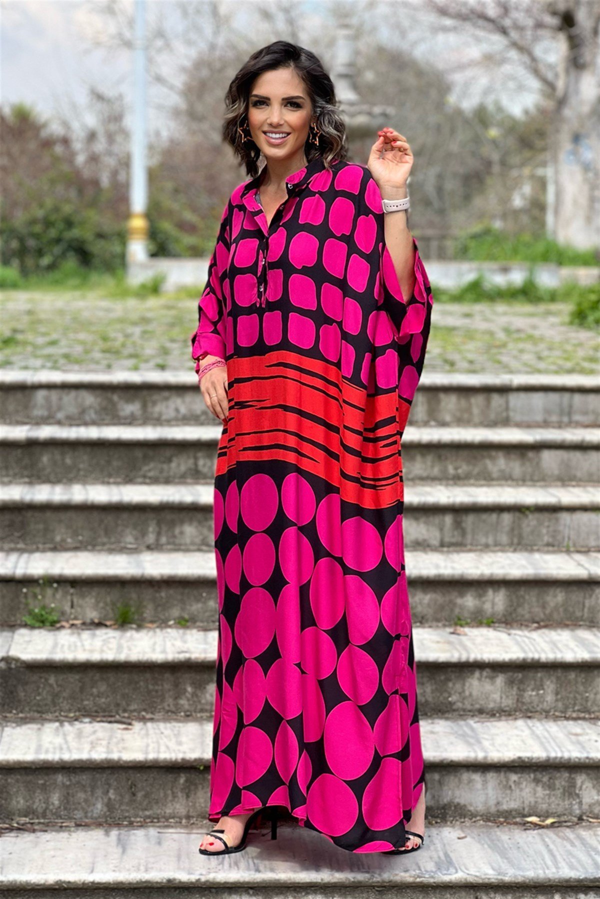 Fuşya Siyah Renk Milano Desenli Oversize Elbise