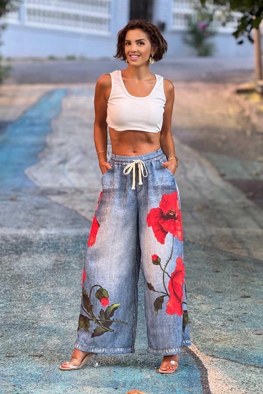 Gelincik Desenli Özel Tasarım Denim Görünümlü Pantolon