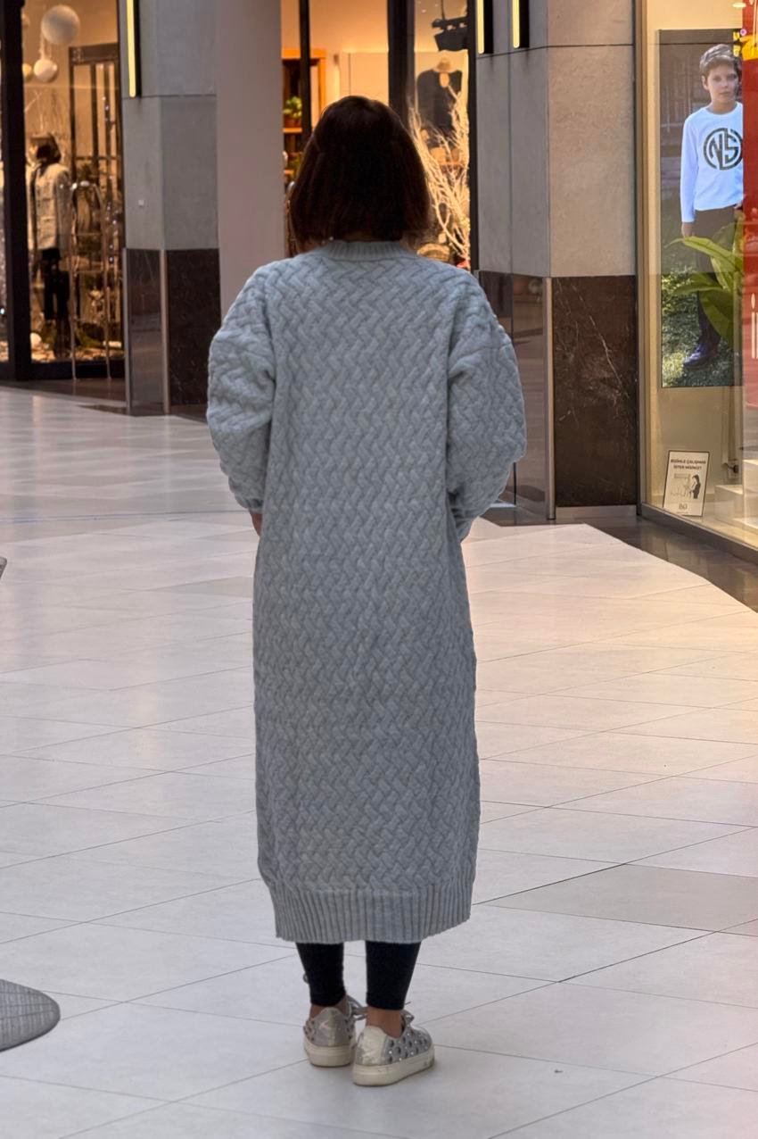Gri Örme Uzun Triko Hırka