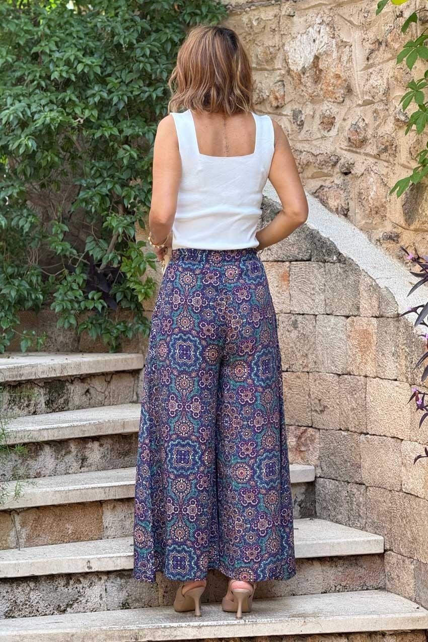 İTALYAN Lacivert Çini Desenli %100 Pamuk Viskon Pantolon
