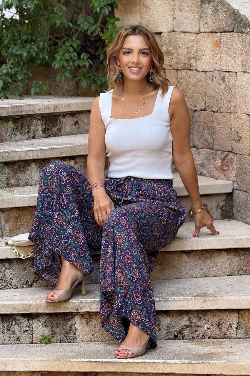 İTALYAN Lacivert Çini Desenli %100 Pamuk Viskon Pantolon