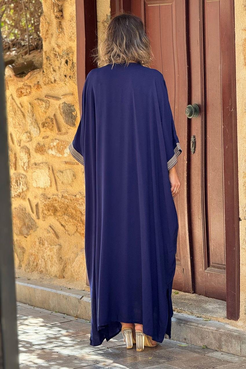 Lacivert Henna Nakışlı Püsküllü %100 Pamuk Elbise