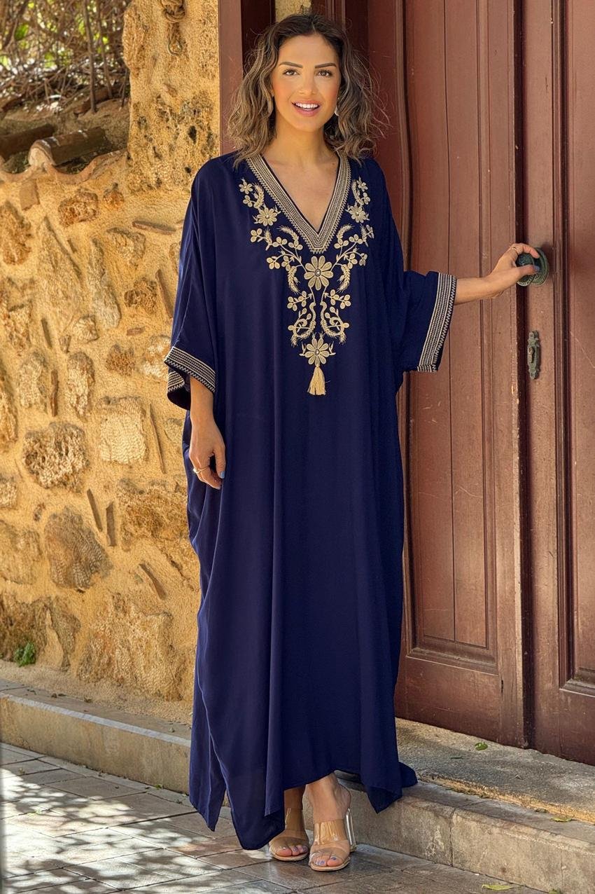 Lacivert Henna Nakışlı Püsküllü %100 Pamuk Elbise