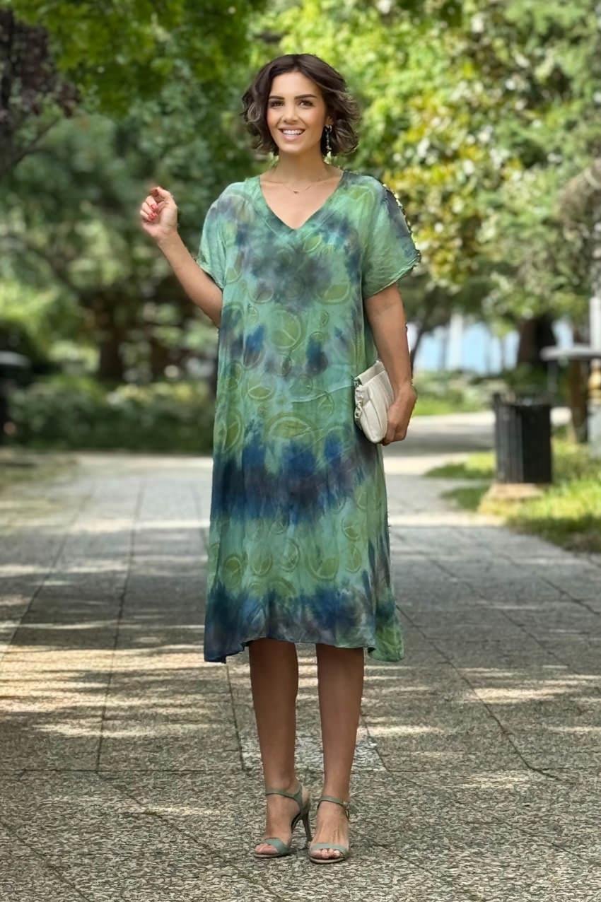Lacivert Yeşil Renk %100 Saf Organik Pamuk Batik Elbise