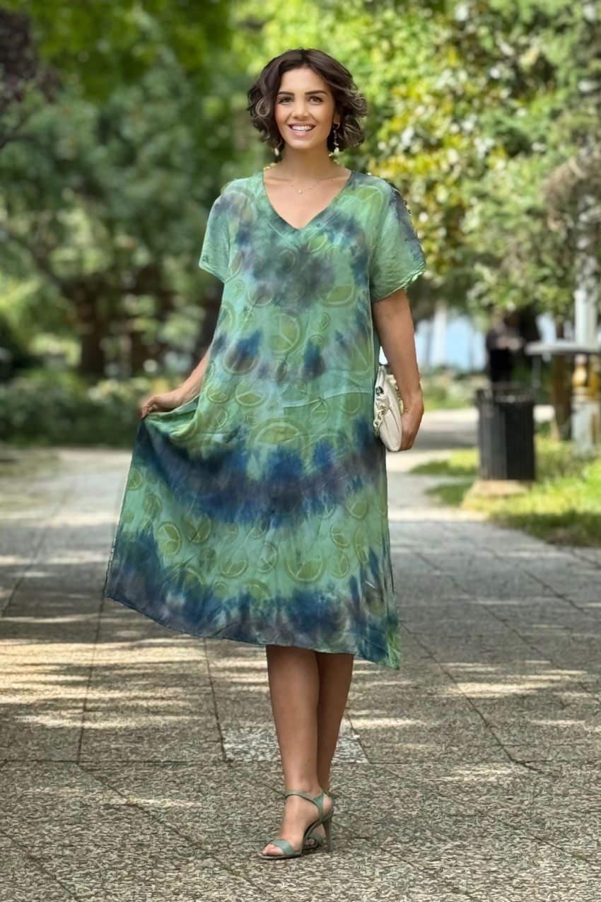 Lacivert Yeşil Renk %100 Saf Organik Pamuk Batik Elbise