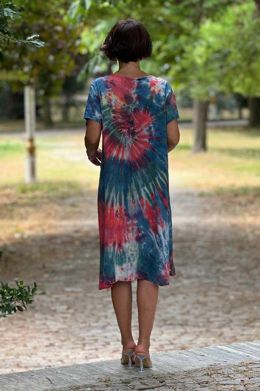 Mavi Fuşya %100 Pamuk Yazlık V Yaka Batik Elbise