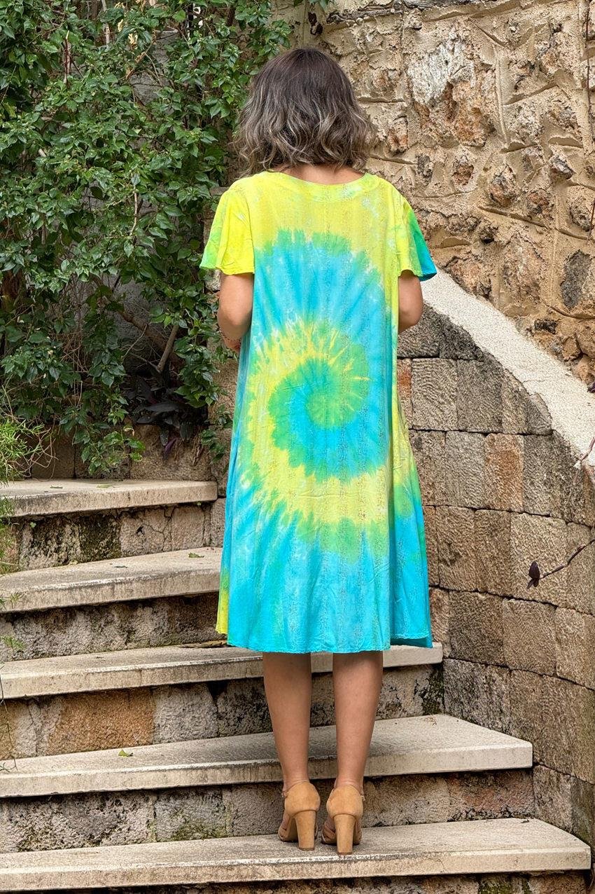 Mavi Sarı %100 Saf Organik Pamuk Batik Elbise