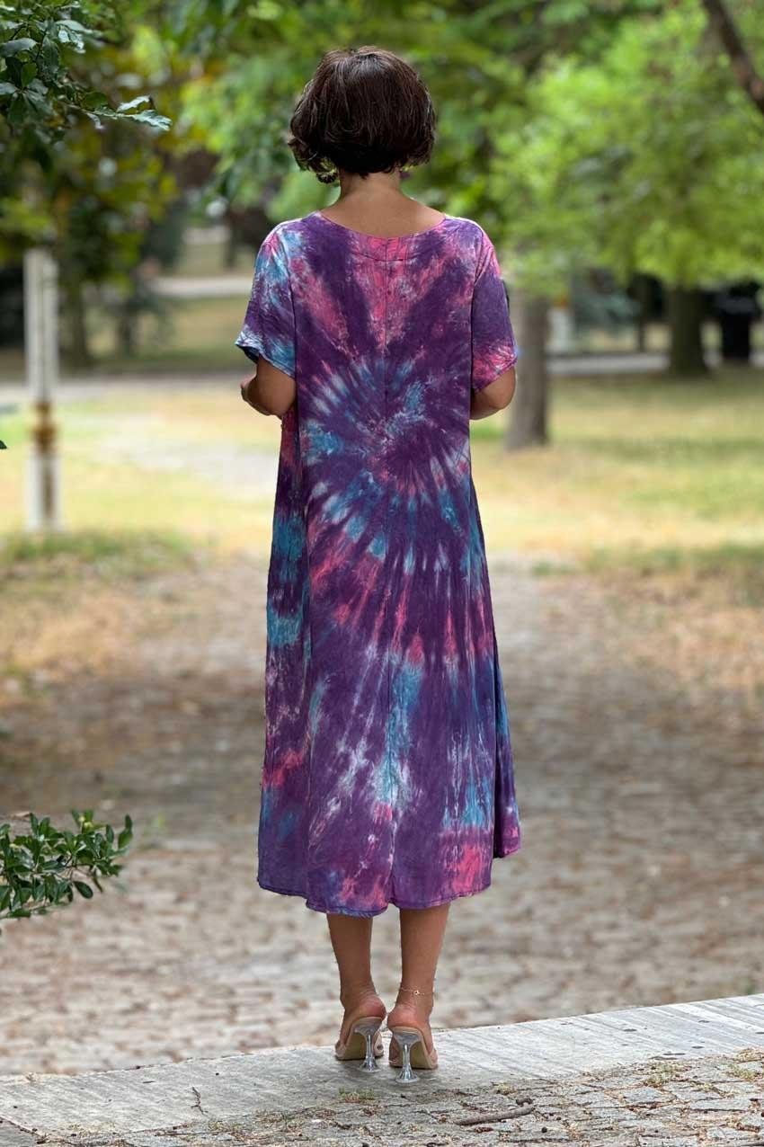 Mor Batik %100 Pamuk Yazlık V Yaka Batik Elbise