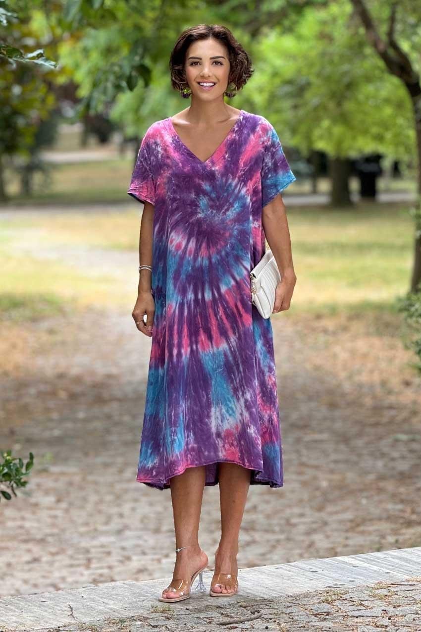 Mor Batik %100 Pamuk Yazlık V Yaka Batik Elbise