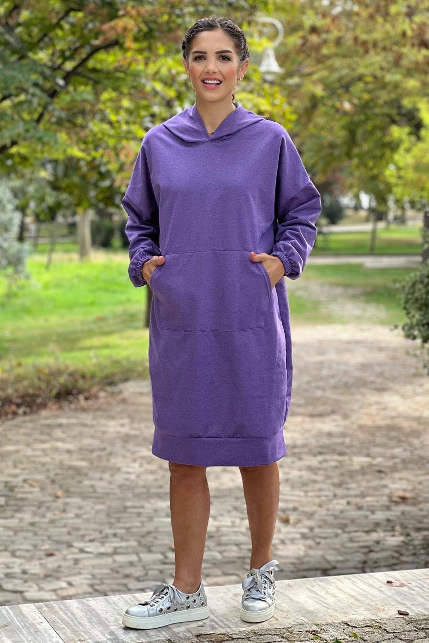 Mor Renk Kanguru Cepli Kapşonlu Sweat Elbise