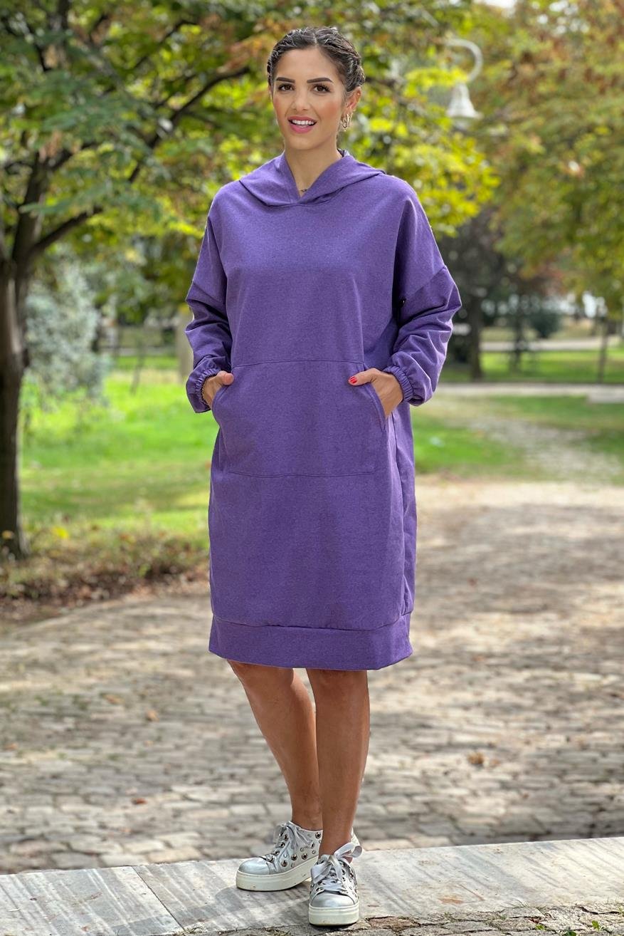 Mor Renk Kanguru Cepli Kapşonlu Sweat Elbise