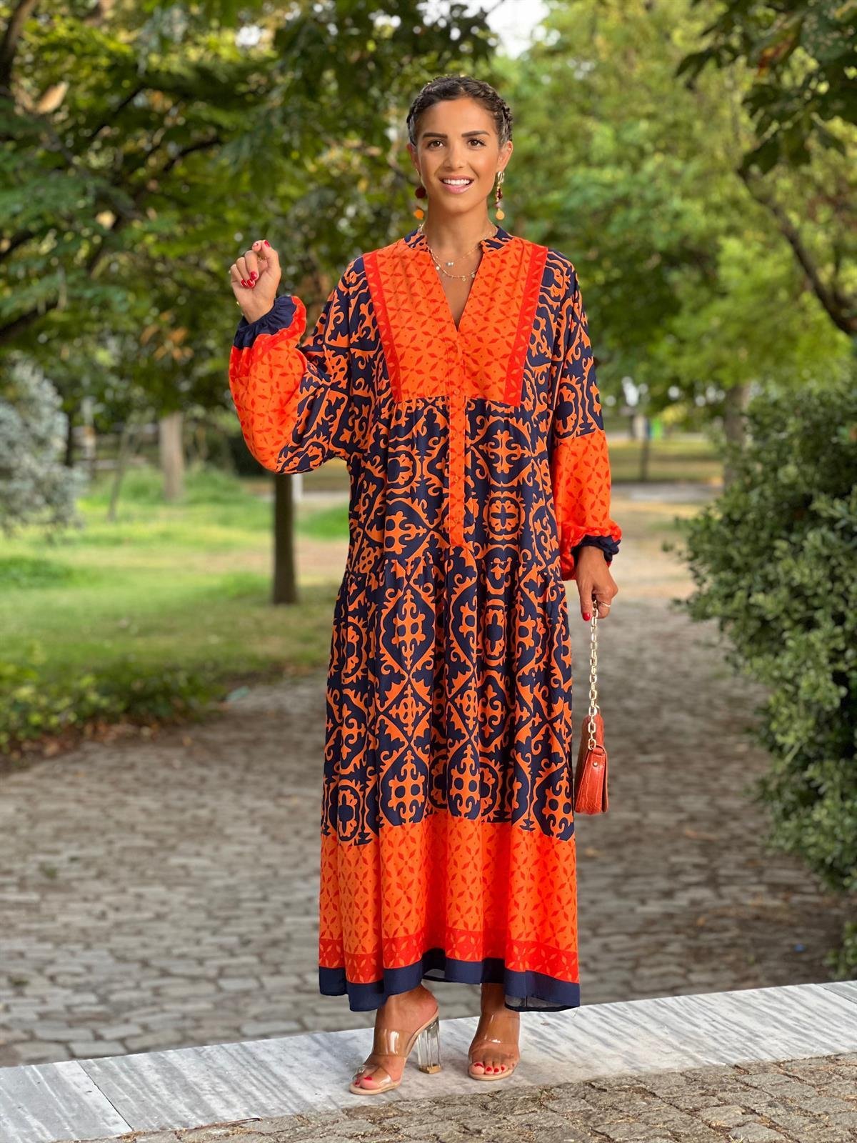 Oranj Destina Desenli Uzun Pamuklu Elbise