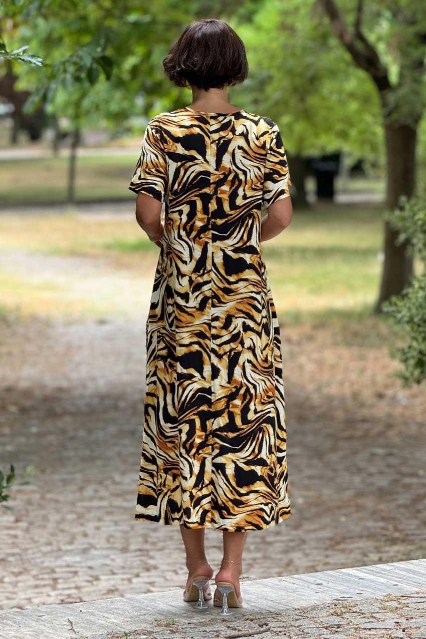Sarı Zebra Desenli Elbise