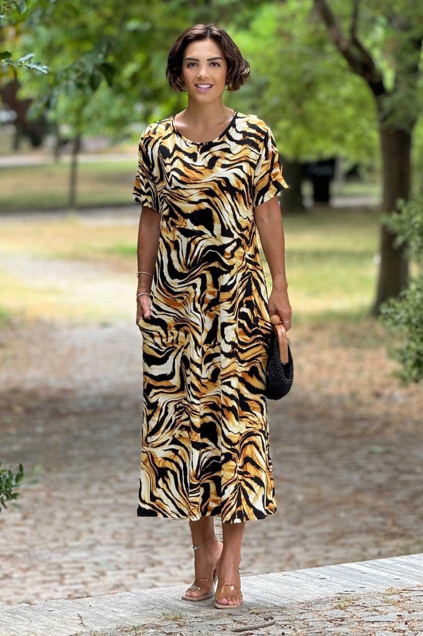 Sarı Zebra Desenli Elbise