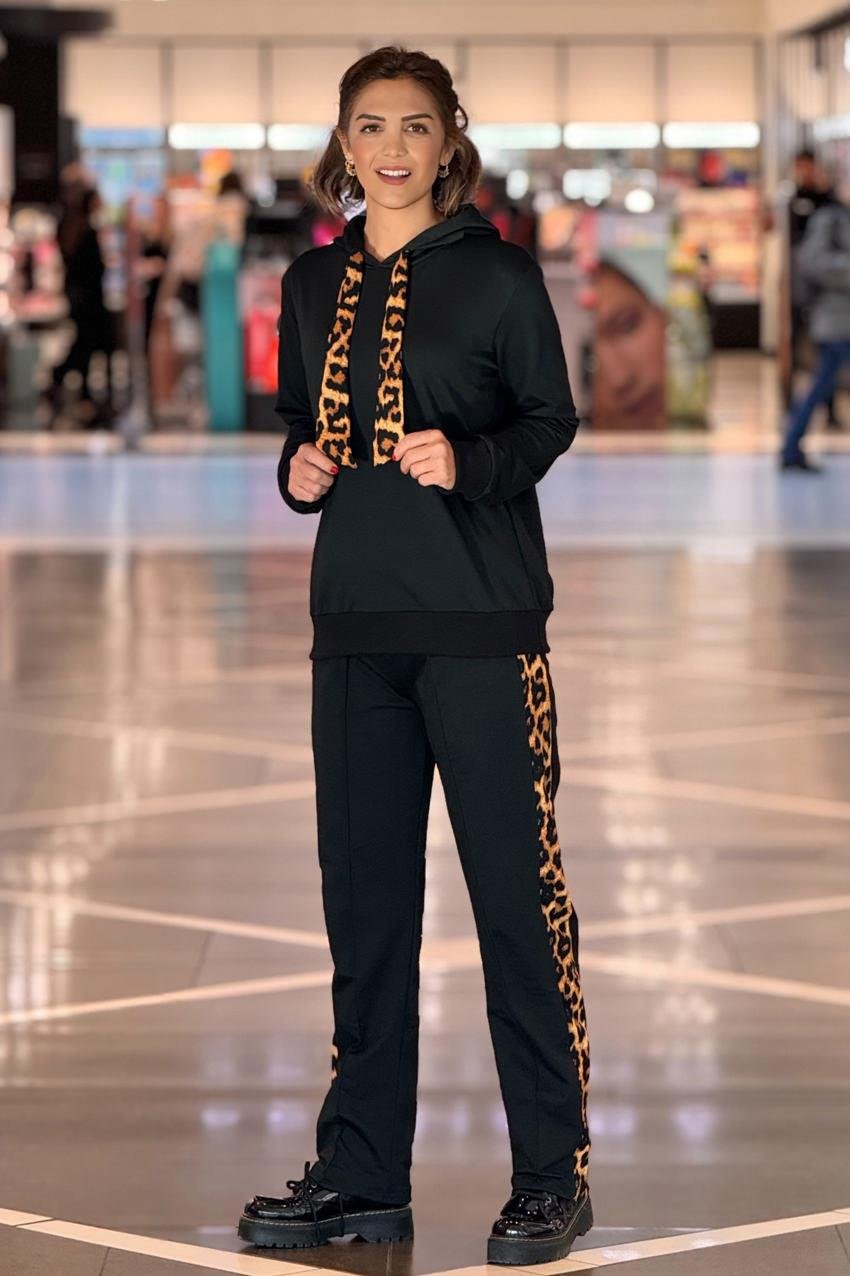 Siyah Leopar Detaylı %100 Pamuk Eşofman Takımı