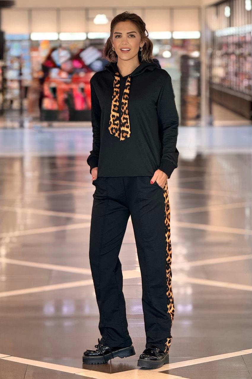 Siyah Leopar Detaylı %100 Pamuk Eşofman Takımı