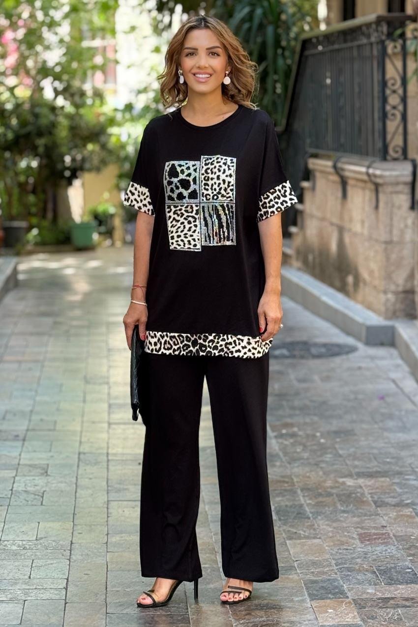 Siyah Leopar Taşlı İkili Takım