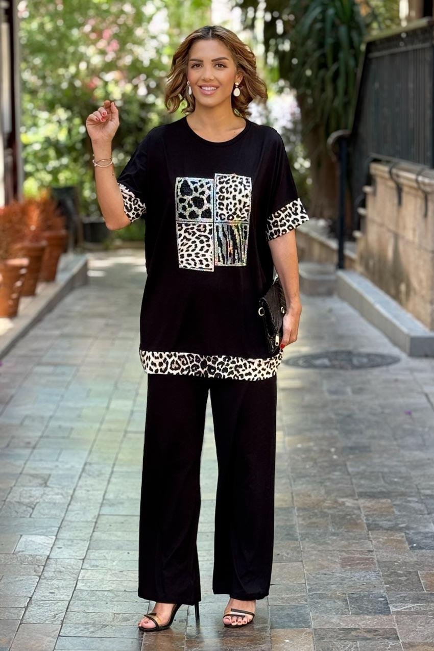 Siyah Leopar Taşlı İkili Takım