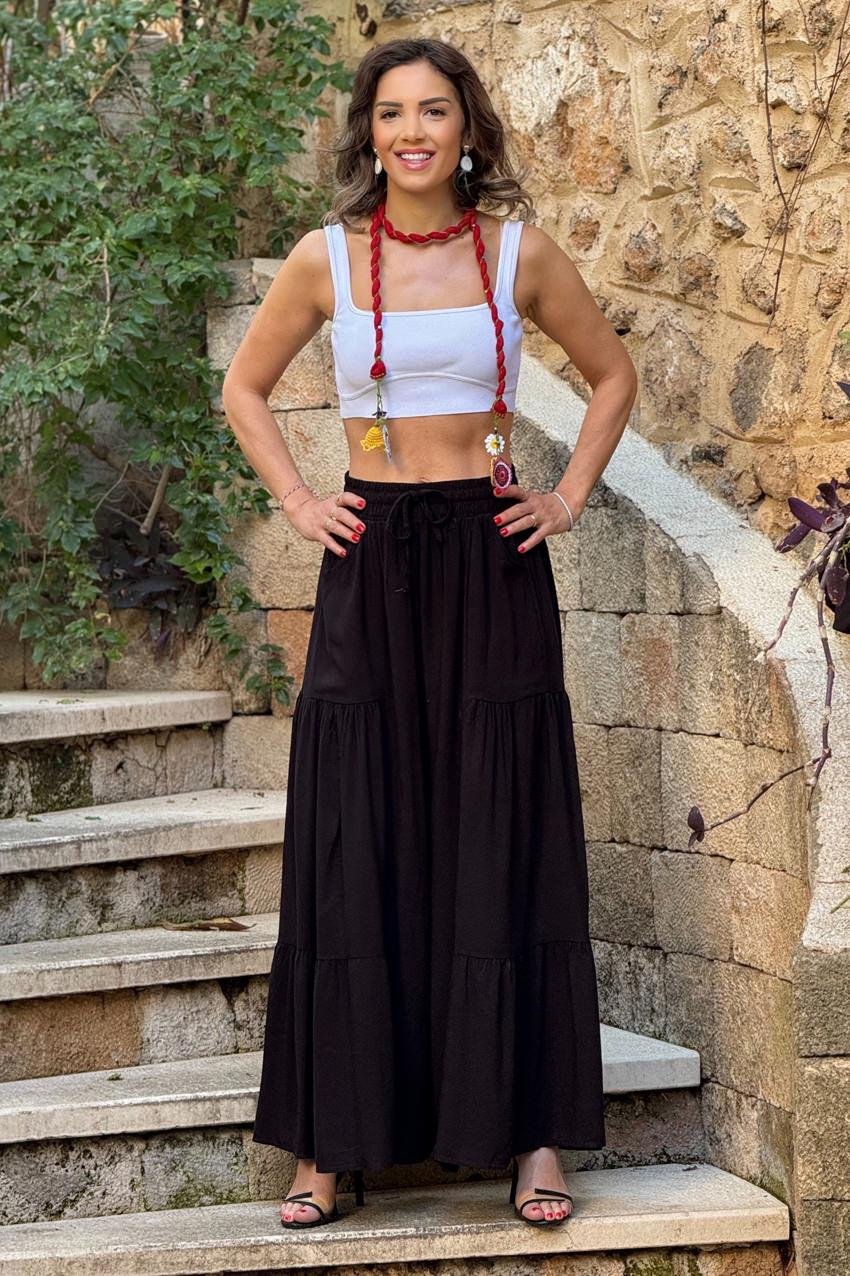 Siyah Piliseli %100 Pamuk İtalyan Pantolon Etek