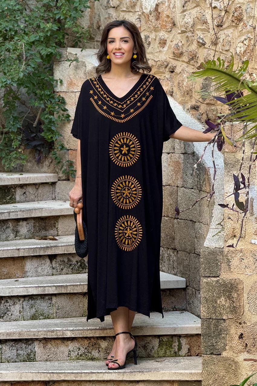 Siyah Sarı Mandala Nakışlı Büyük Beden Penye Elbise 