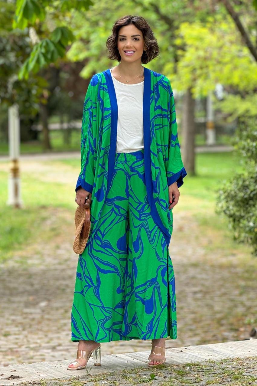 Yeşil Deseli 3 Lü Takım - Pantolon Bluz Ceket