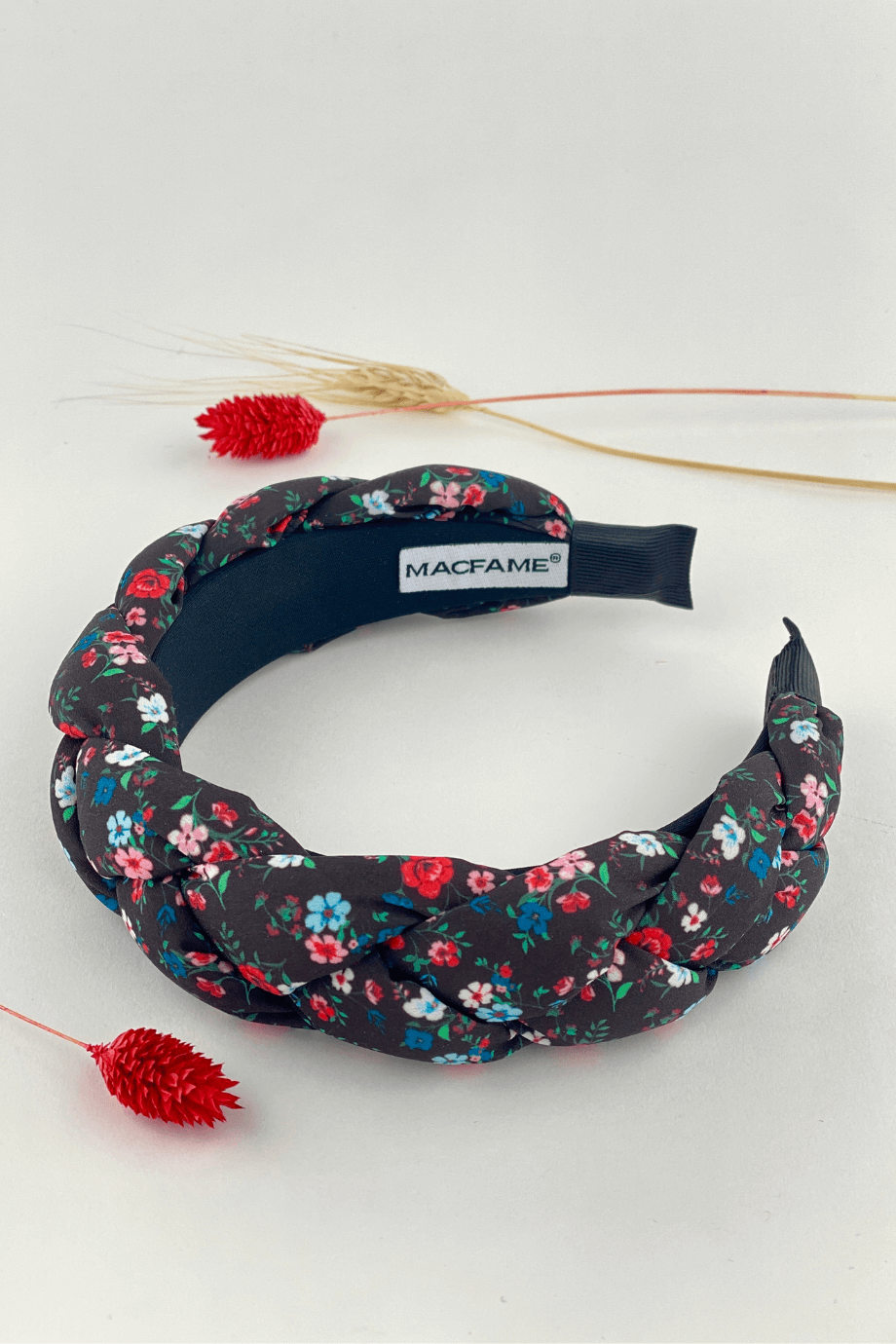 Floral Print Braided Headband Black