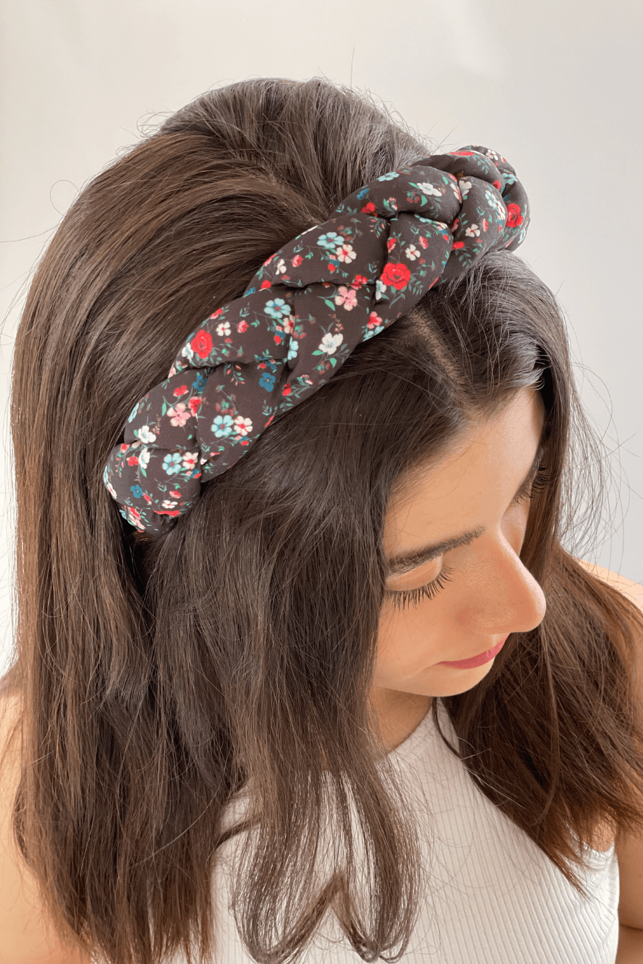 Floral Print Braided Headband Black