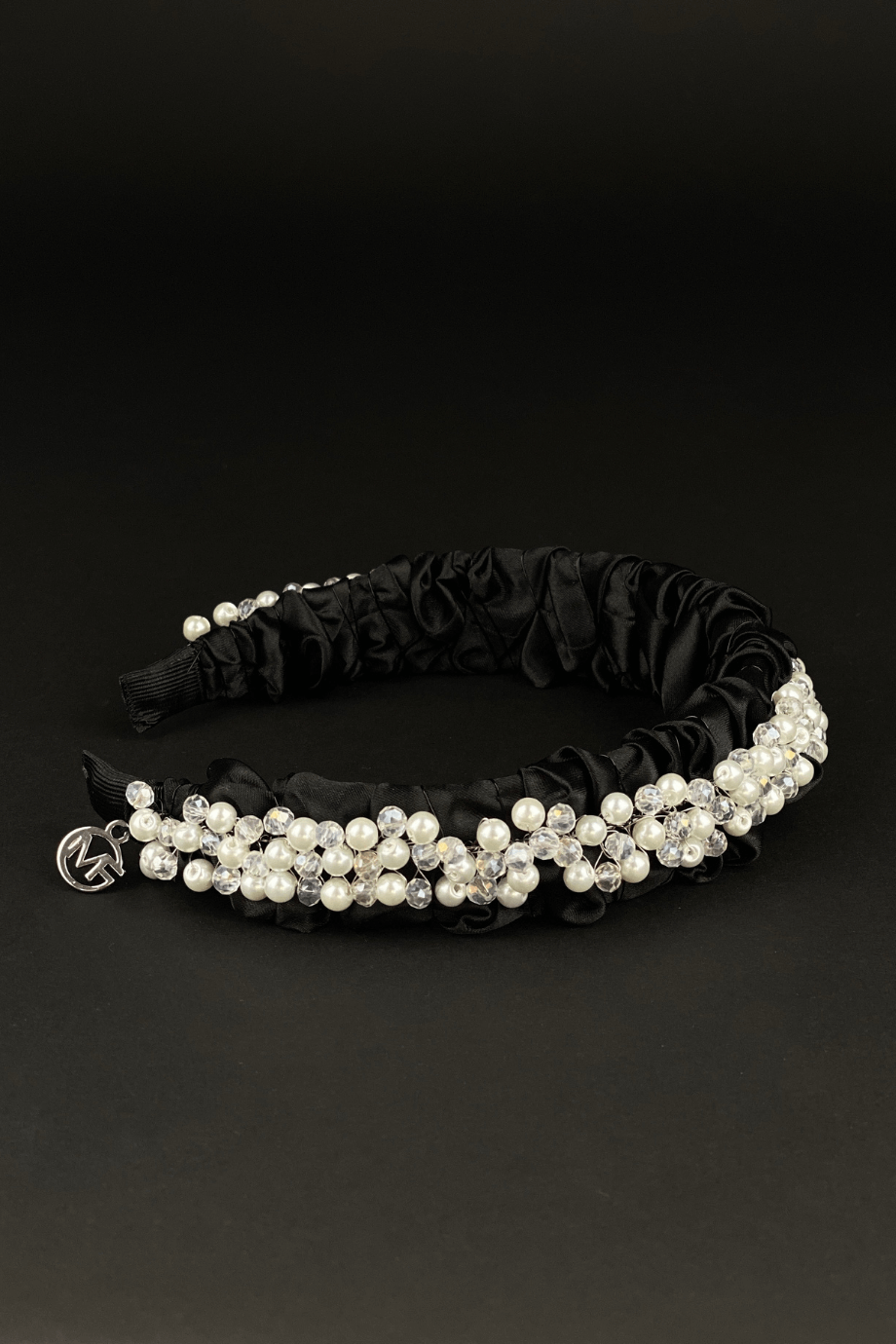 Crystal & Pearl Embellished Black Bridal Headband