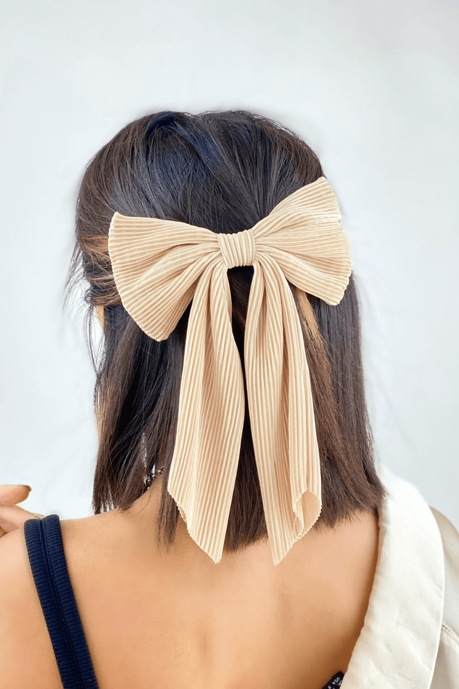 Beige Long Tail Pleated Bow Barrette
