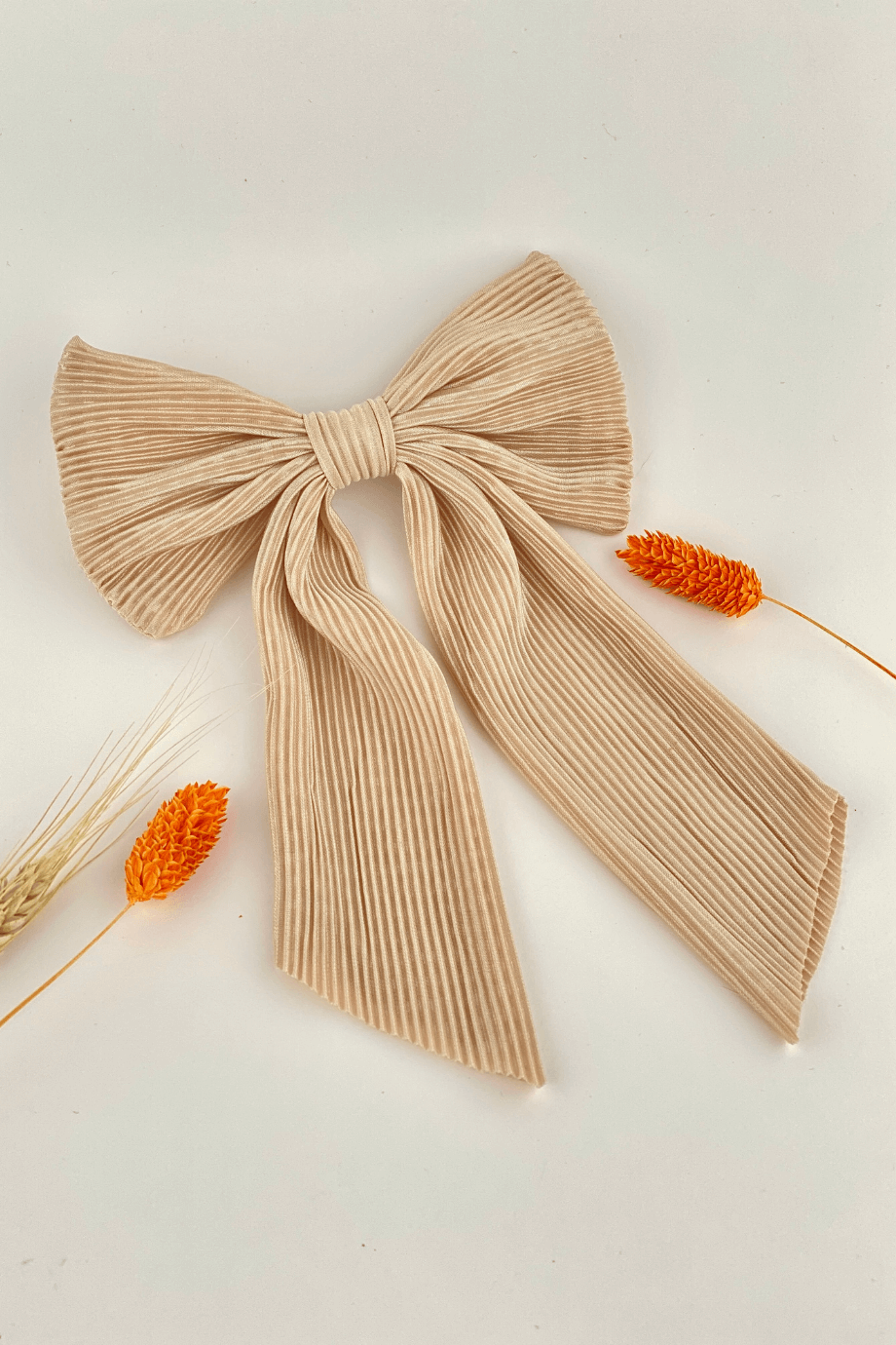 Beige Long Tail Pleated Bow Barrette