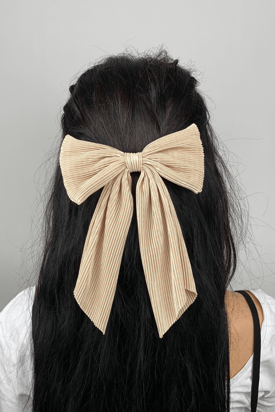 Beige Long Tail Pleated Bow Barrette