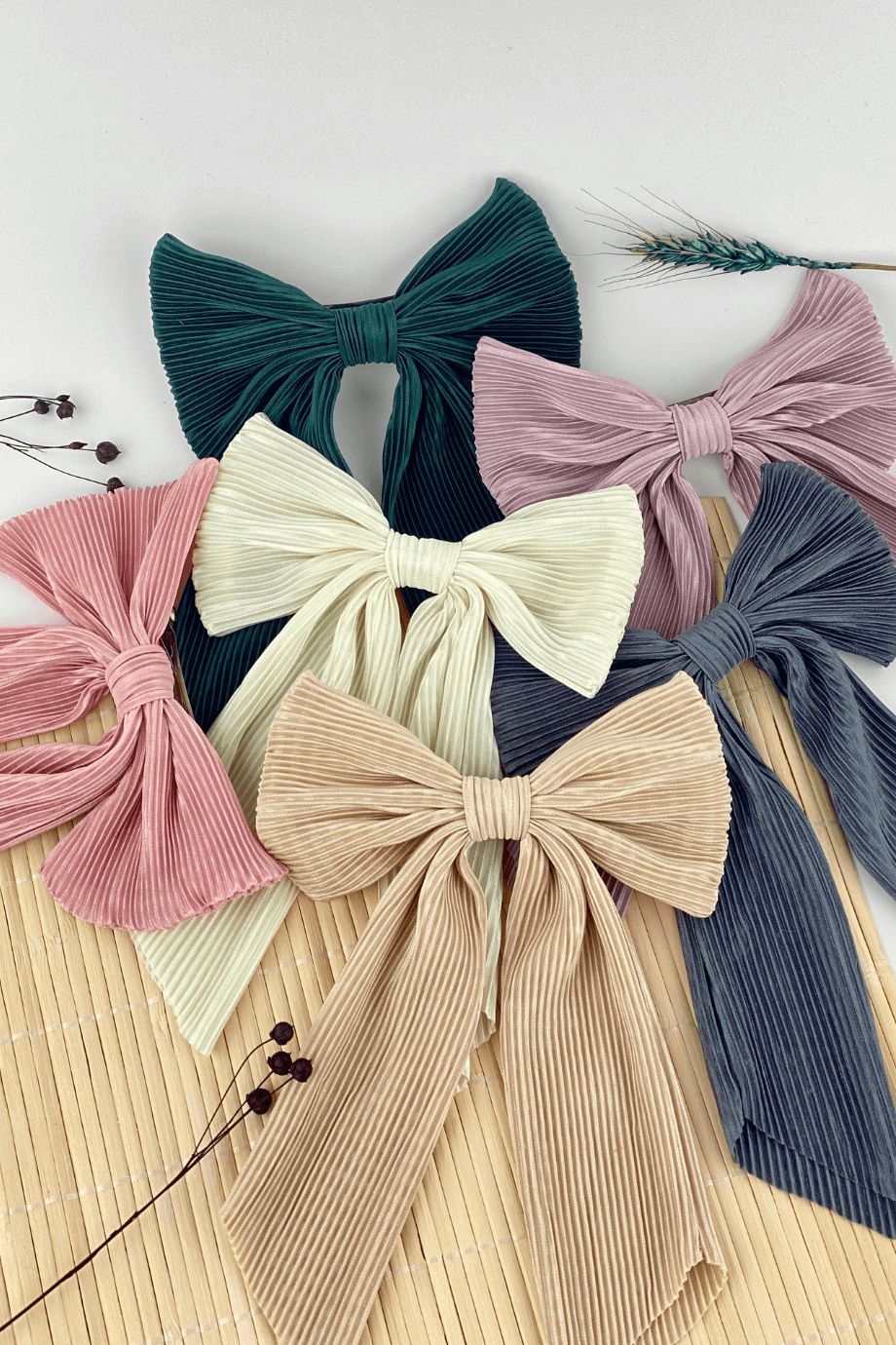 Beige Long Tail Pleated Bow Barrette