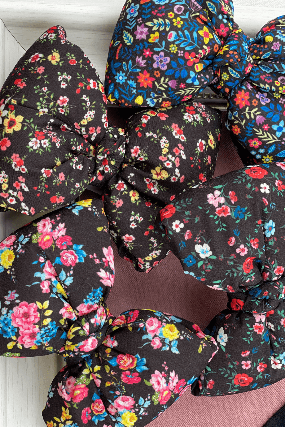 Navy Blue Floral Print Bow Barrette