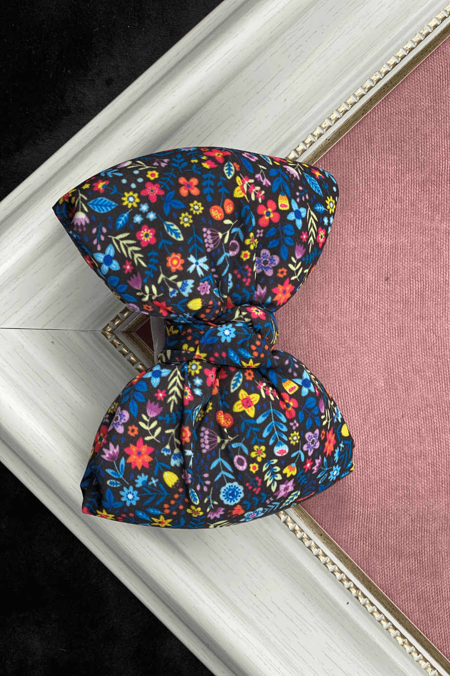 Navy Blue Floral Print Bow Barrette