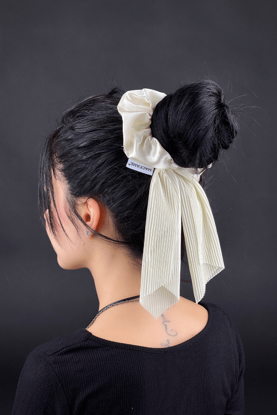 Pleated White Long Tail Satin Scrunchie