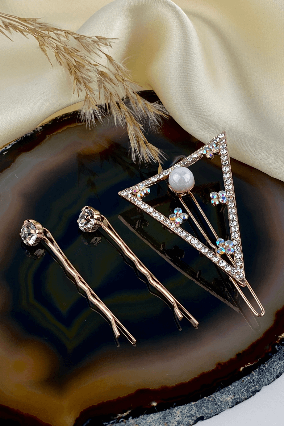 Rhinestone-Embellished Hair Pin Rose (set of three)