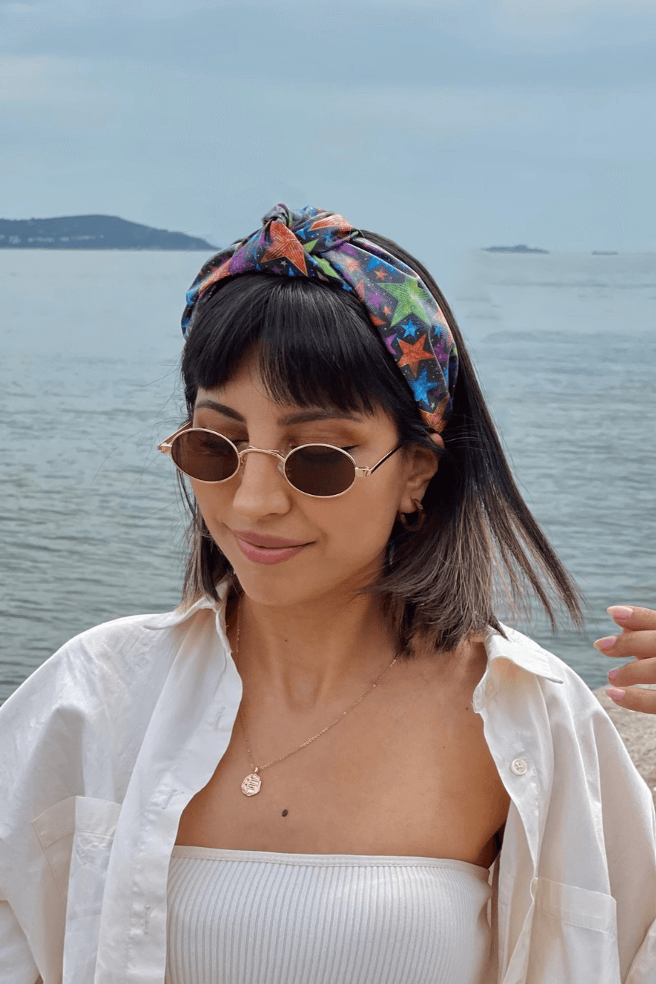 Star Print Faux Leather Headband Black