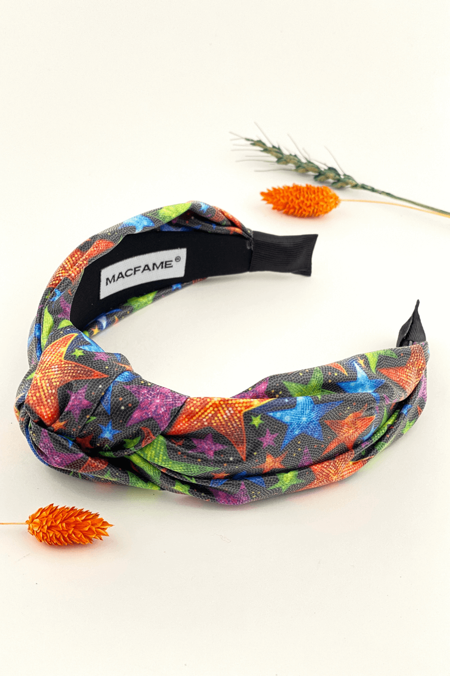 Star Print Faux Leather Headband Black