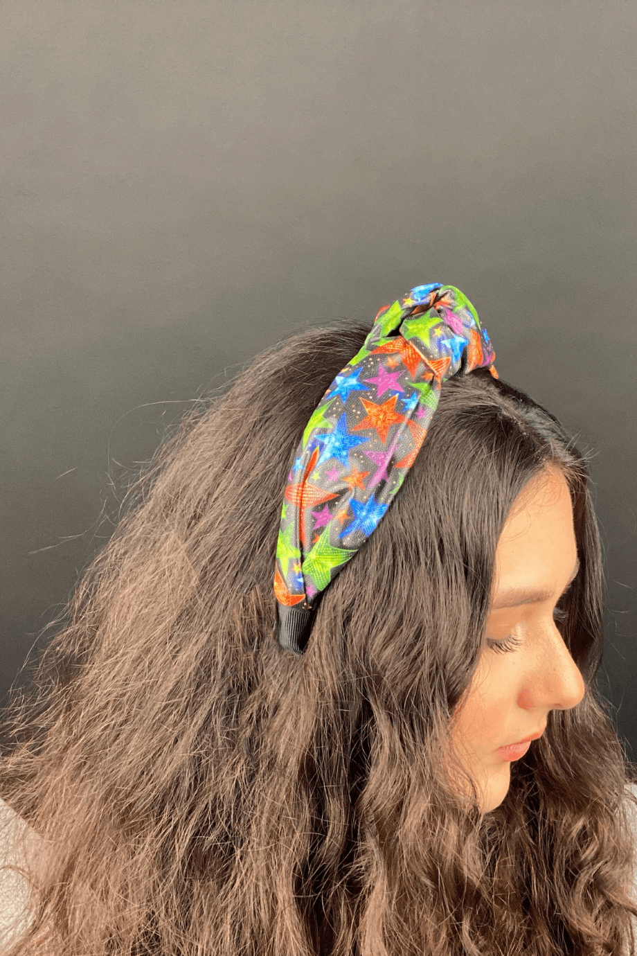 Star Print Faux Leather Headband Black