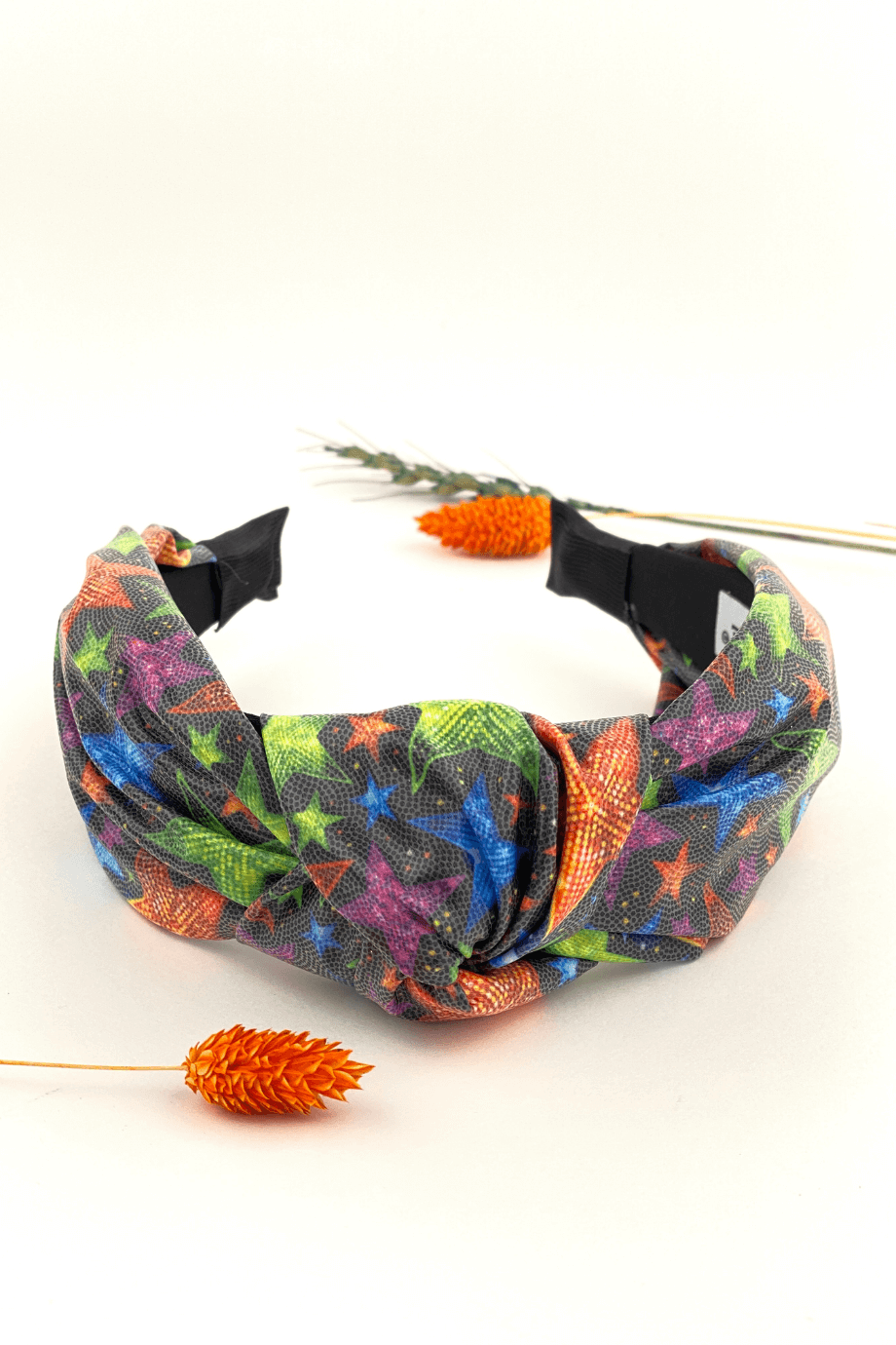 Star Print Faux Leather Headband Black