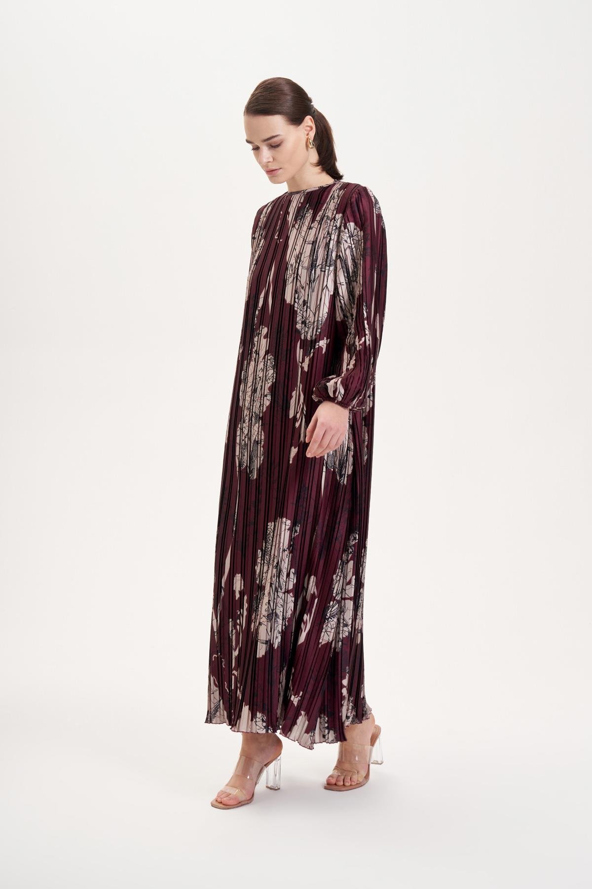 BELLA DESENLİ TWİLL PLİSELİ ELBİSE BORDO