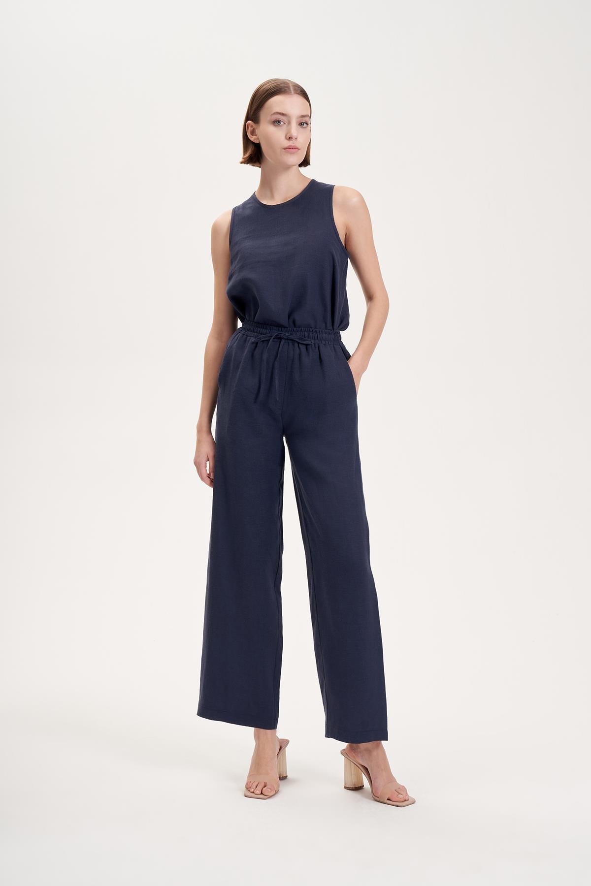 NATURAL %100 KETEN BOL PANTOLON LACİVERT