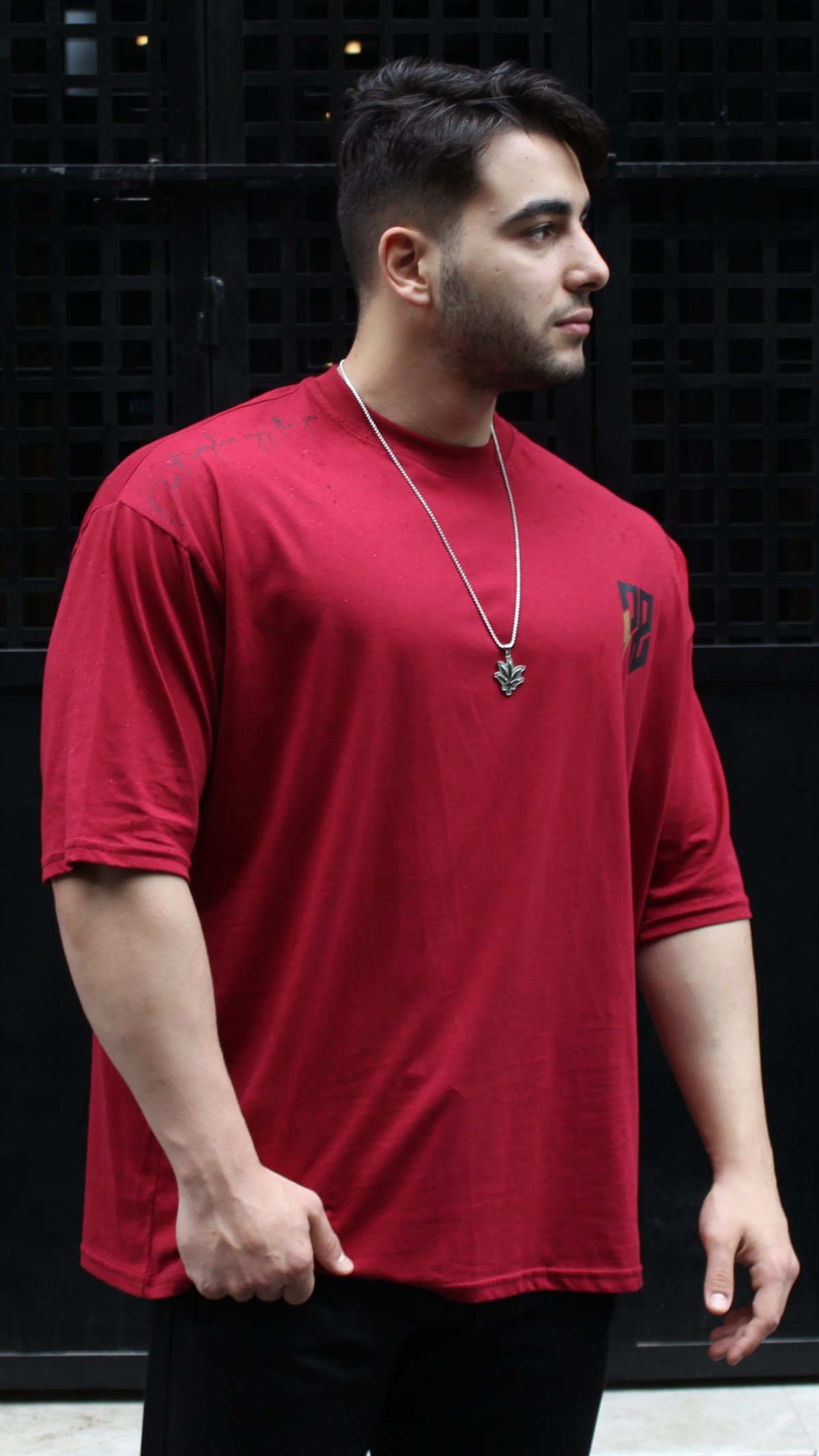 Fast Effect Omuz Göğüs Baskılı Bordo Oversize T-shirt
