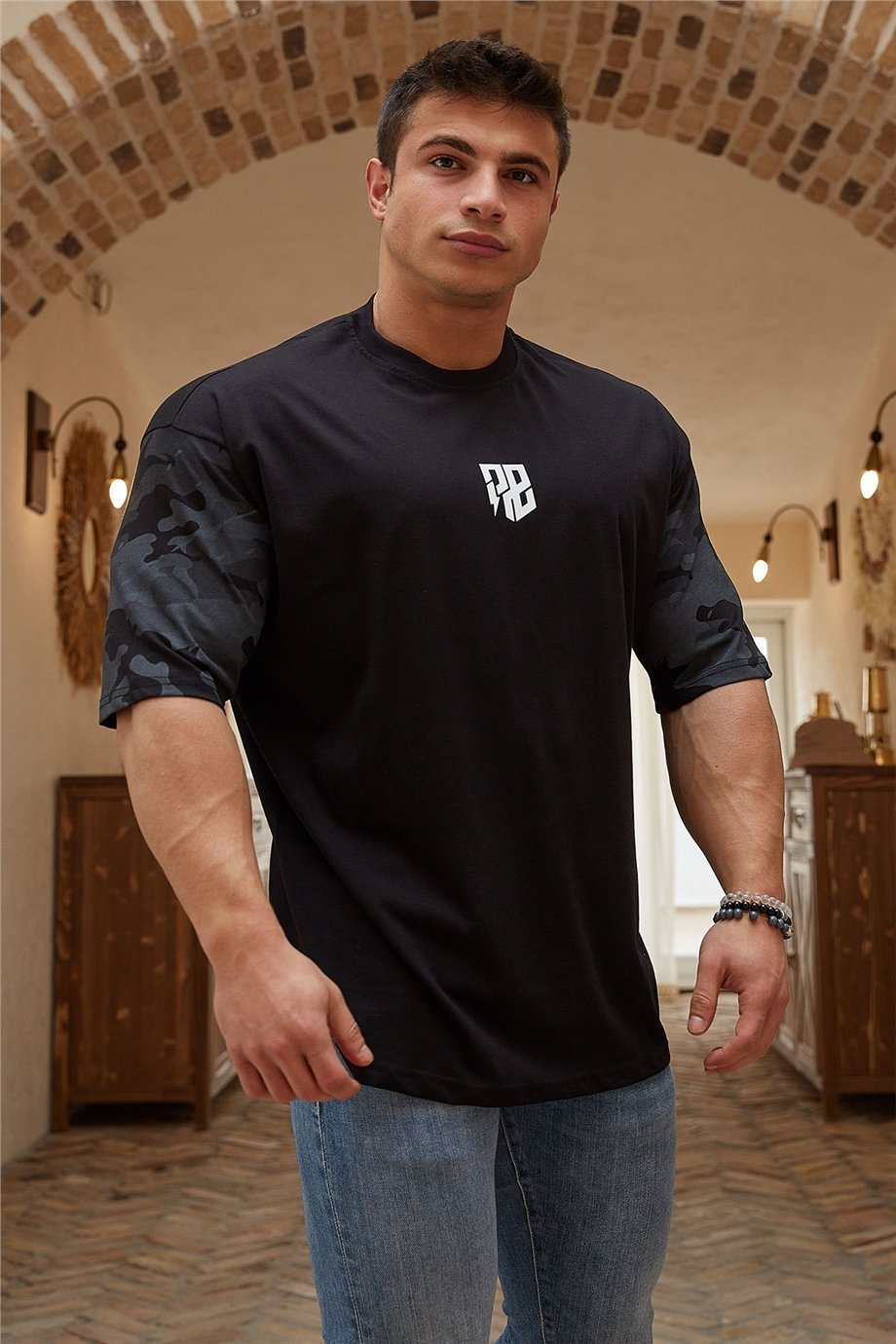 Kamuflaj Desenli Siyah Oversize T-Shirt