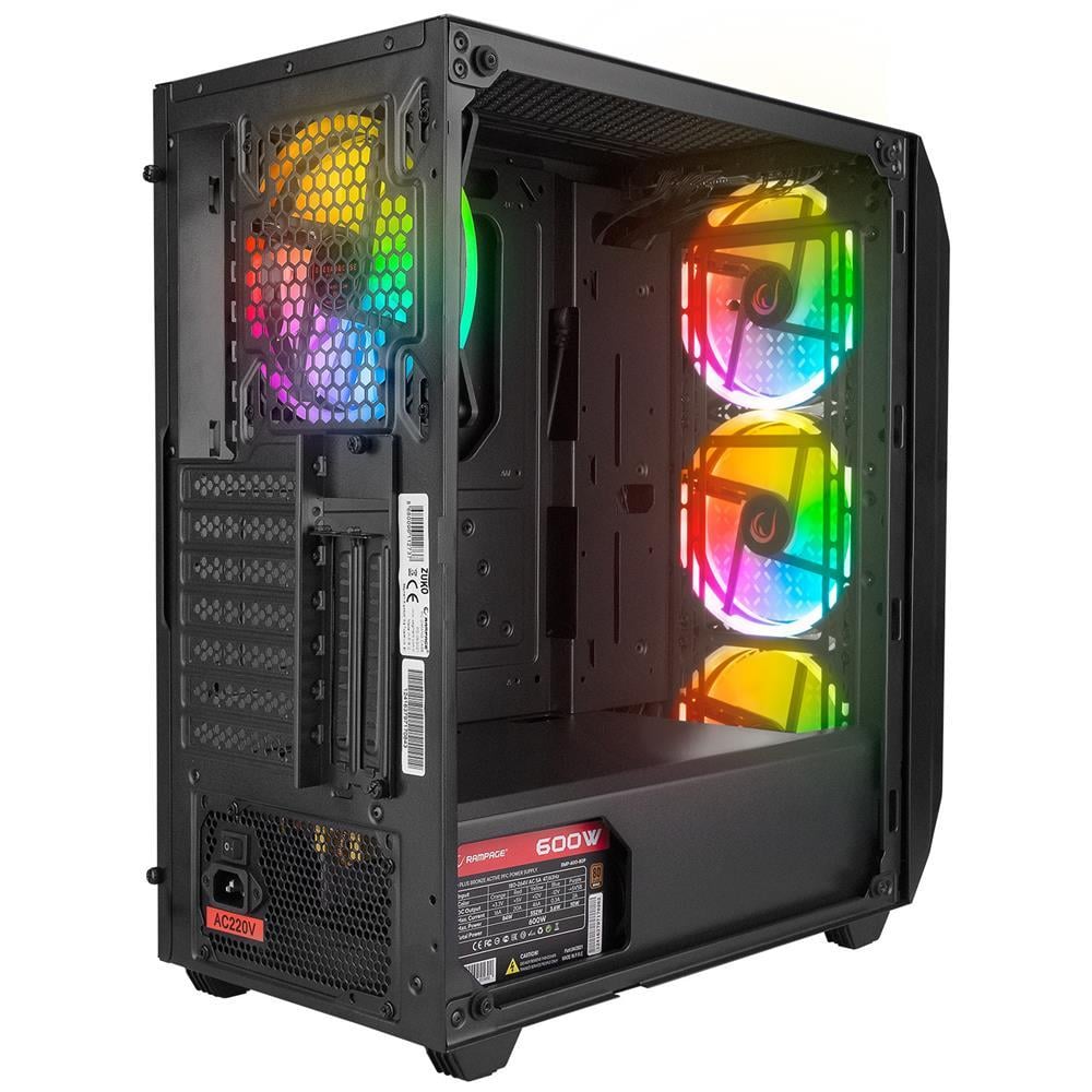 Rampage ZUKO 600W 80+ BRONZE Siyah 4-14cm Rainbow Temperli Camlı ATX Mid-T Gaming Oyuncu Kasası