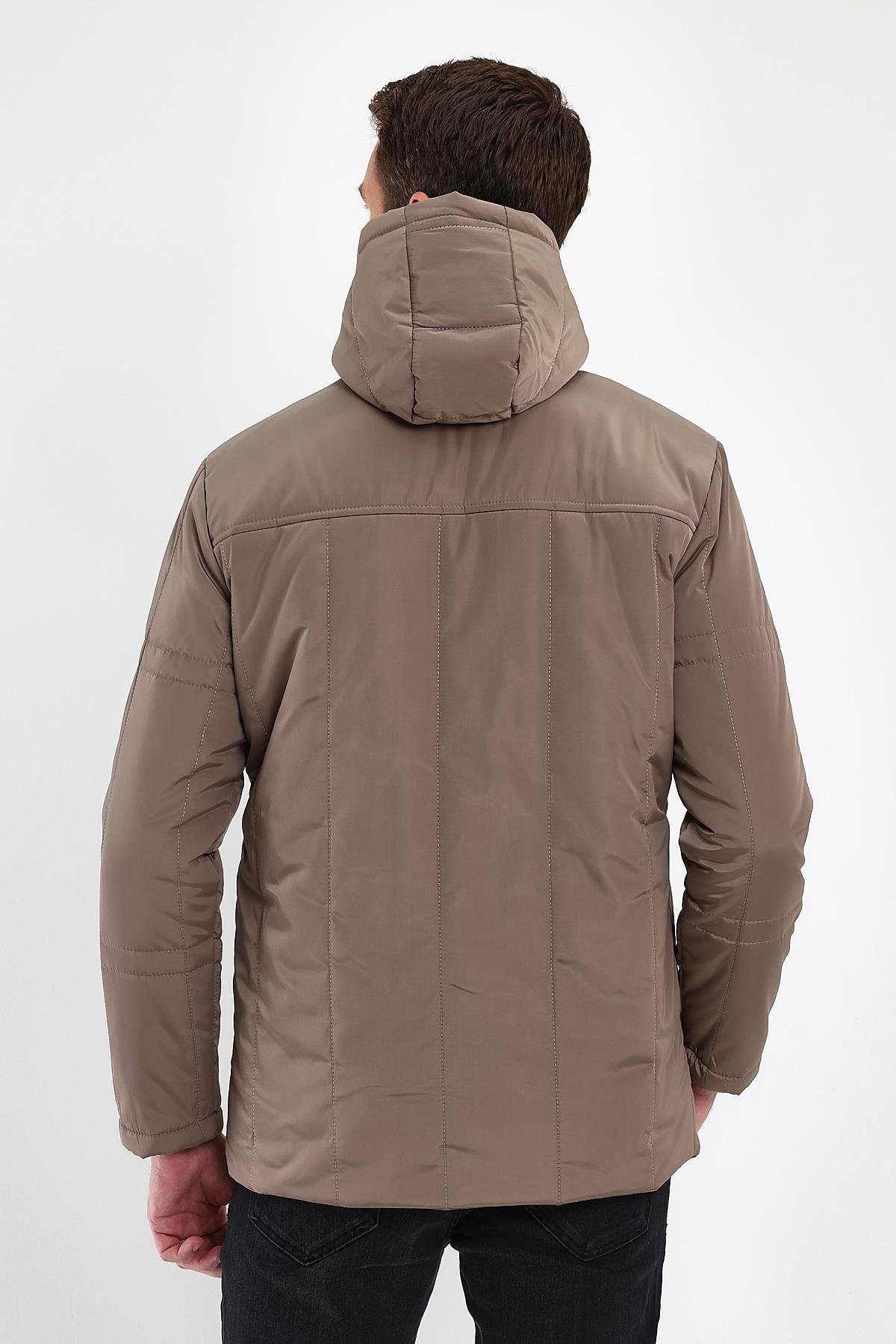 Erkek Krem Standart Fit Normal Kesim Çıkmalı Kapüşon Dik Yaka Mont