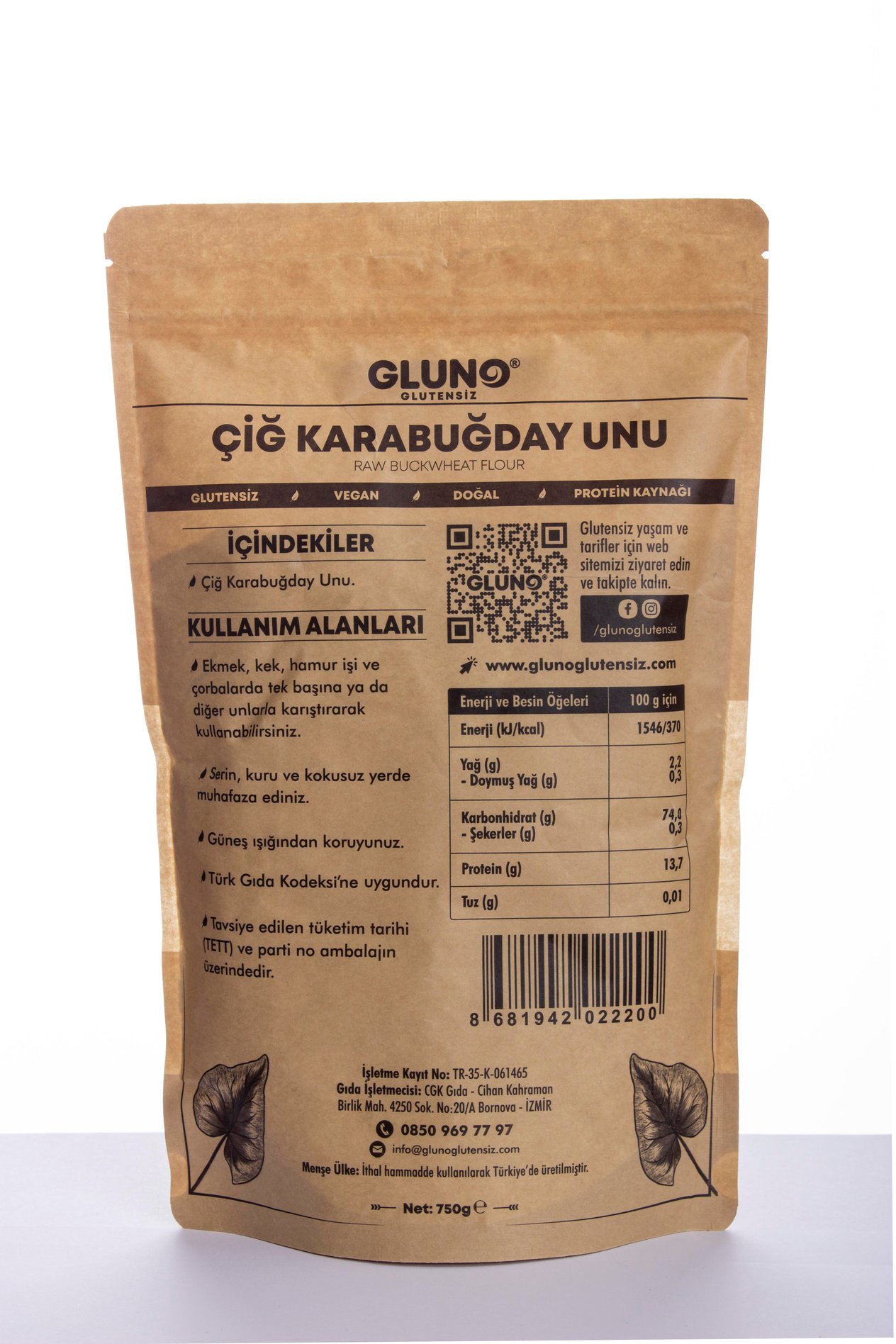 Gluno Glutensiz Çiğ Karabuğday Unu 750 gr